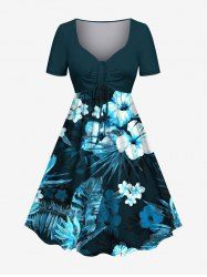 Robe hawaïenne grande taille à imprimé tropical et fleurs d'hibiscus, cintrée - Vert profond M