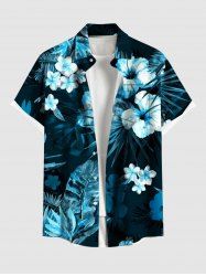 Plus Size Hibiscus Flower Tropical Leaf Print Buttons Pocket Hawaii Shirt For Men -  