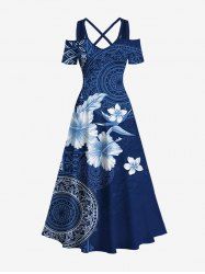 Robe longue hawaïenne à imprimé ethnique hibiscus fleurs grande taille, épaules dénudées et croisée, taille haute - Bleu Marine M