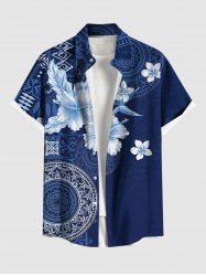 Plus Size Hibiscus Flower Ethnic Pattern Print Buttons Pocket Hawaii Shirt For Men - Bleu Marine 6XL