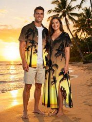 Ensemble de plage hawaïen assorti pour couples, imprimé ombré crépuscule, avec cocotiers, grandes tailles - Jaune 