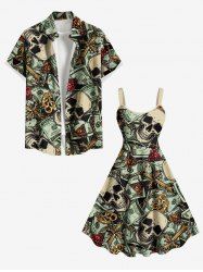 Skull Dollar Diamond Print Plus Size Matching Hawaii Beach Outfit For Couples -  