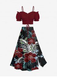 Ensemble assorti Hawaï à imprimé floral tropical et feuilles, grandes tailles - Rouge foncé 