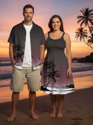Coconut Tree Seascape Ombre Print Plus Size Matching Hawaii Beach Outfit For Couples -  