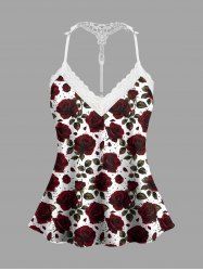 Plus Size Valentine's Day Rose Flowers Print Lace Trim Strappy Slip Pajama Top -  