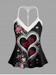 Haut de pyjama crocheté grande taille à imprimé fleurs, feuilles et cœurs, bordure en dentelle, idéal pour la Saint-Valentin - Noir M