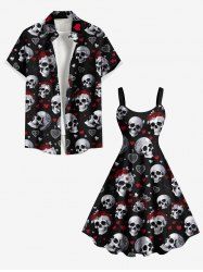 Valentine's Day Skulls Rose Flower Heart Print Plus Size Matching Outfit For Couples -  