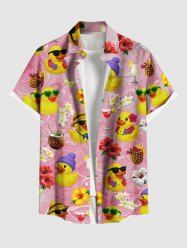 Chemise hawaïenne à poches boutons, imprimé noix de coco, ananas, canard et fleurs d'hibiscus, grande taille, pour hommes - Rose clair 5XL