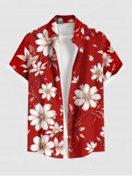 Plus Size Flower Branch Print Hawaii Button Pocket Shirt For Men -  