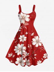 Plus Size Flower Branch Print Hawaii A Line Dress -  