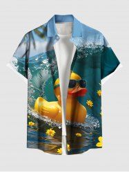 Plus Size Duck Sea Waves Print Hawaii Button Pocket Shirt For Men -  