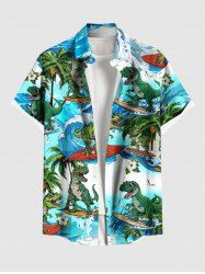 Plus Size Coconut Tree Dinosaur Sea Waves Print Hawaii Button Pocket Shirt For Men -  