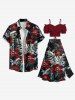 Flowers Tropical Leaf Print Plus Size Matching Hawaii Beach Outfit For Couples -  