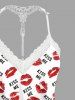 Plus Size Valentine's Day Kiss Me Lips Print Lace Trim Strappy Slip Pajama Top -  