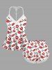 Plus Size Valentine's Day Kiss Me Lips Print Lace Trim Strappy Slip Pajama Top -  