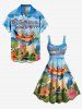 Robe débardeur hawaïenne grande taille à imprimé paysage marin, hibiscus, feuilles et perroquet. - Bleu Ciel 6X