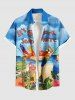 Plus Size Seascape Hibiscus Flower Leaf Juice Parrot Hammock Print Buttons Pocket Hawaii Shirt For Men -  