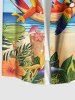 Plus Size Seascape Hibiscus Flower Leaf Juice Parrot Hammock Print Buttons Pocket Hawaii Shirt For Men -  