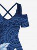 Robe longue hawaïenne à imprimé ethnique hibiscus fleurs grande taille, épaules dénudées et croisée, taille haute - Bleu Marine M