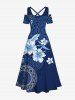 Robe longue hawaïenne à imprimé ethnique hibiscus fleurs grande taille, épaules dénudées et croisée, taille haute - Bleu Marine M