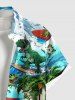 Plus Size Coconut Tree Dinosaur Sea Waves Print Hawaii Button Pocket Shirt For Men -  