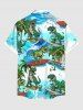 Plus Size Coconut Tree Dinosaur Sea Waves Print Hawaii Button Pocket Shirt For Men -  