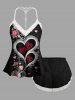 Haut de pyjama crocheté grande taille à imprimé fleurs, feuilles et cœurs, bordure en dentelle, idéal pour la Saint-Valentin - Noir M