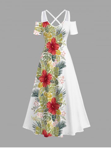 Plus Size Hibiscus Flowers Tropical Leaf Print Cold Shoulder Crisscross Hawaii Maxi Dress - WHITE - 5X