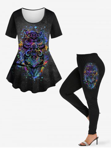 Owl Paint Splatter Ombre Distressed Colorblock Print Plus Size Matching Set - BLACK