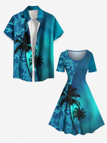 Galaxy Ombre Coconut Tree Hibiscus Flowers Leaf Print Plus Size Matching Hawaii Beach Outfit For Couples