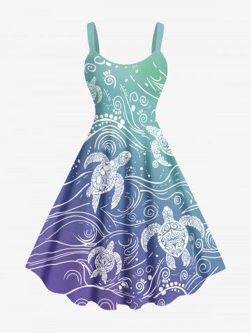 Plus Size Ombre Sea Waves Turtle Print Hawaii Tank Dress - BLUE - M