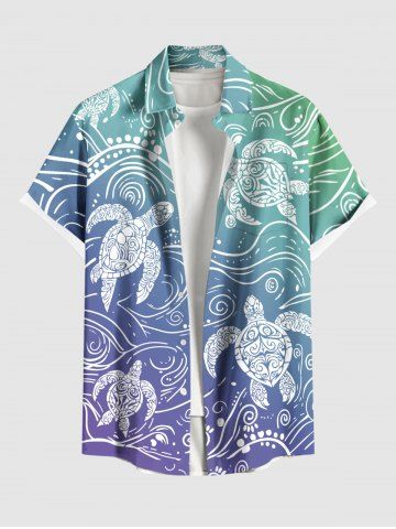 Plus Size Ombre Sea Waves Turtle Print Buttons Pocket Hawaii Shirt For Men - BLUE - L
