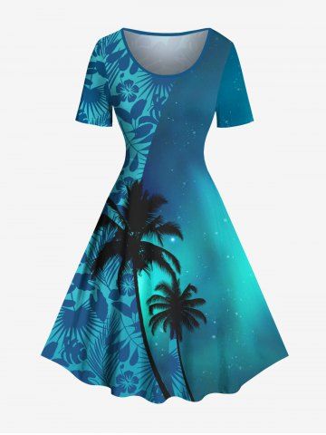 Plus Size Galaxy Ombre Coconut Tree Hibiscus Flowers Leaf Print Hawaii Vintage Dress - DARK TURQUOISE - 3X