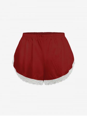 Plus Size Valentine's Day Solid Color Lace Trim Slip Pajama Shorts - RED - 5XL