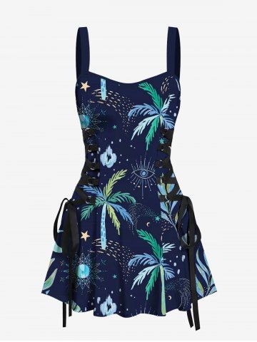 Robe trapèze à lacets, imprimé feuille tropicale de cocotier, soleil, lune et yeux, style hawaïen - NAVY BLUE - XS