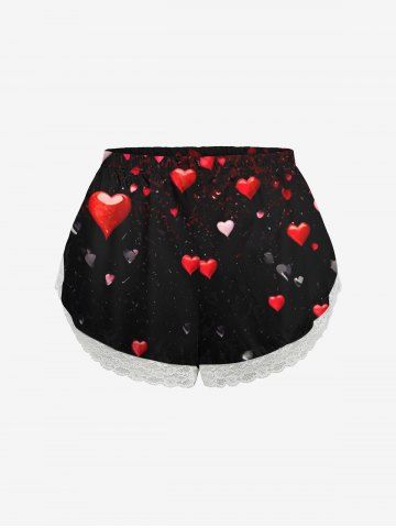 Plus Size Heart Print Valentines Lace Trim Pajama Shorts - BLACK - M