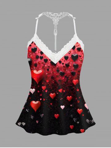 Plus Size Heart Dip Dye Ombre Print Valentines Lace Trim Crochet Pajama Top - BLACK - L