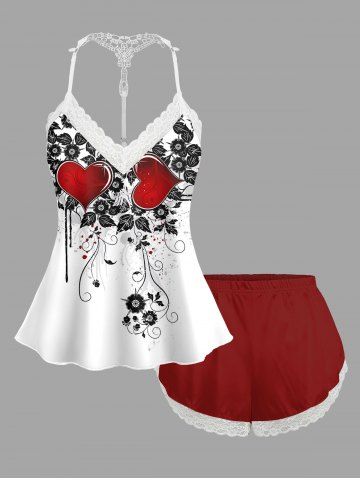 Valentine's Day Flowers Leaf Heart Print Plus Size Matching Pajama Set - RED
