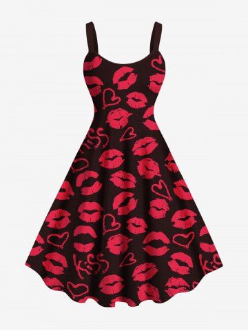Robe débardeur grande taille imprimée cœur et lèvres pour la Saint-Valentin - BLACK - XS