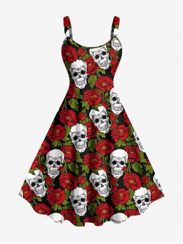 Plus Size Valentine's Day Skull Rose Flower Print Tank Dress - RED - XXS