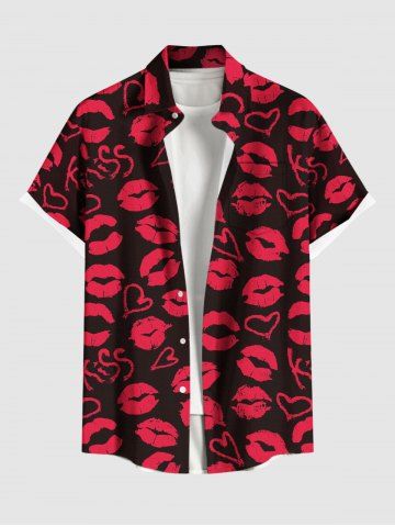 Chemise à poches boutonnées grande taille pour homme, imprimé cœur et lèvres, idéale pour la Saint-Valentin. - BLACK - M