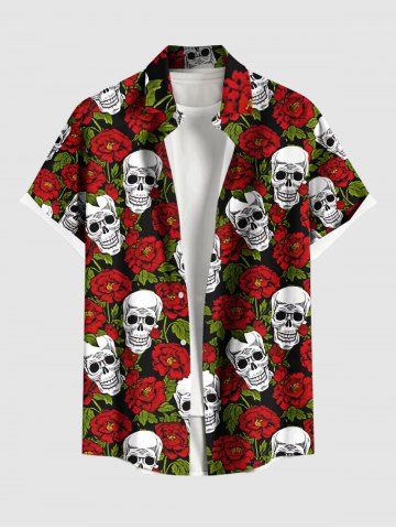 Plus Size Valentine's Day Skull Rose Flower Print Buttons Pocket Shirt For Men - RED - XL