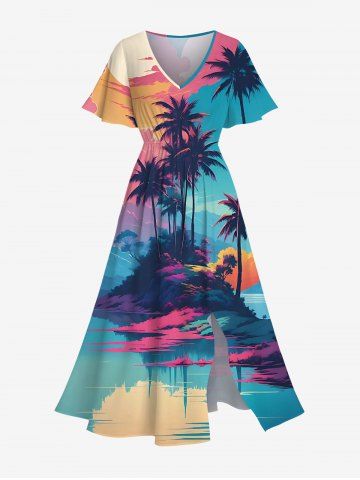 Robe midi fendue hawaïenne grande taille à imprimé cocotier, nuage, mer, montagne et lune - GREEN - 5X