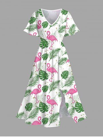 Plus Size Tropical Leaf Flamingo Print Split Hawaii Midi Dress - WHITE - 5X