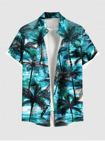 Plus Size Coconut Tree Sea Waves Print Buttons Pocket Hawaii Shirt For Men - GREEN - 6XL