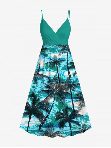 Plus Size Coconut Tree Sea Waves Print Surplice Hawaii Cami Dress - GREEN - XS