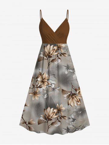 Plus Size Flower Leaf Ombre Print Hawaii Surplice A Line Cami Dress - BROWN - 3X