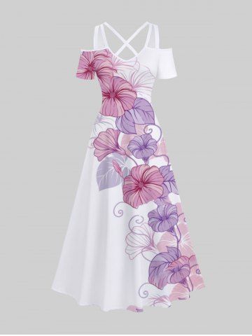 Robe longue trapèze à imprimé floral et feuilles, style hawaïen, dégradé ombré, croisée, grande taille - WHITE - L