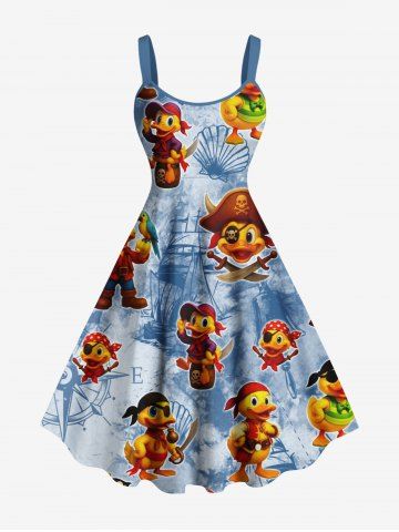 Robe trapèze grande taille imprimée canard pirate voilier coquillage perroquet croisière hawaïenne - POWDER BLUE - M