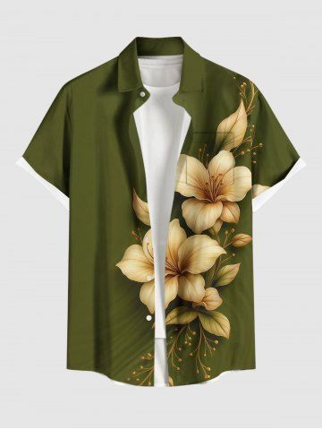 Plus Size Flower Leaf Print Hawaii Button Pocket Shirt For Men - GREEN - 6XL